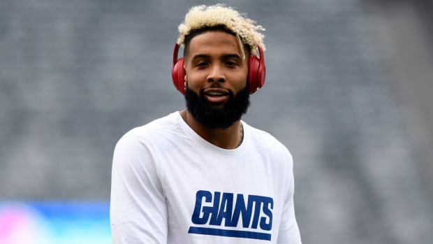 Wide receiver Odell Beckham Jr. on the field for warmups before a game between the Giants and Washington in 2018.