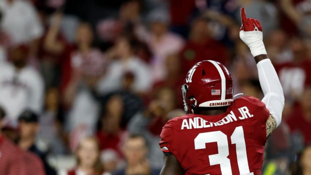 Alabama Crimson Tide linebacker Will Anderson Jr. (31) reacts after a sack against the Texas A&M Aggies during the first half at Bryant-Denny Stadium.