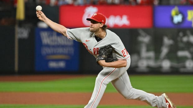 Oct 8, 2022; St. Louis, Missouri, USA; Philadelphia Phillies starting pitcher Aaron Nola (27) throws a pitch in the fourth inning against the St. Louis Cardinals during game two of the Wild Card series for the 2022 MLB Playoffs at Busch Stadium.