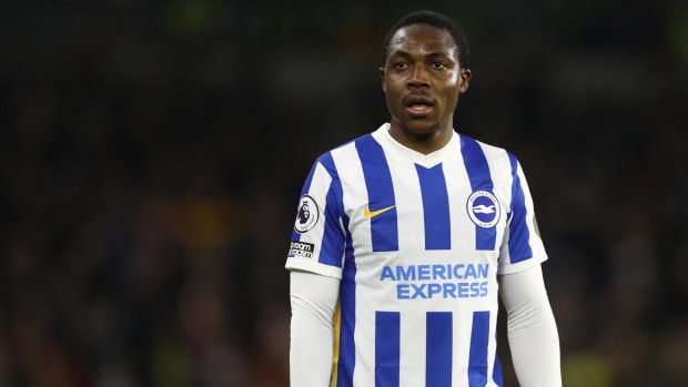 Enock Mwepu pictured playing for Brighton & Hove Albion in December 2021