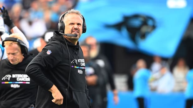 Carolina Panthers head coach Matt Rhule on the sidelines during a game.