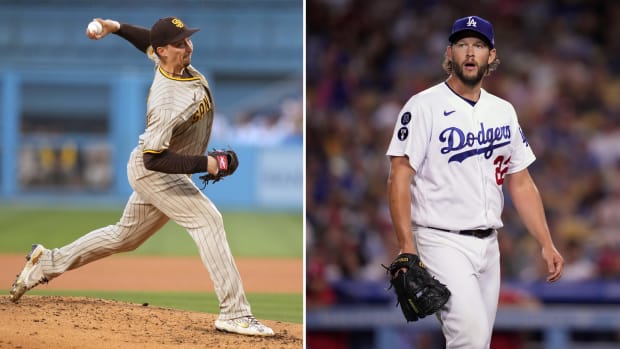 Padres pitcher Blake Snell side by side with Dodgers pitcher Clayton Kershaw