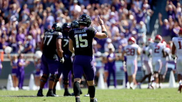 TCU Horned Frogs quarterback Max Duggan (15) reacts after a touchdown during the second half against the Oklahoma Sooners