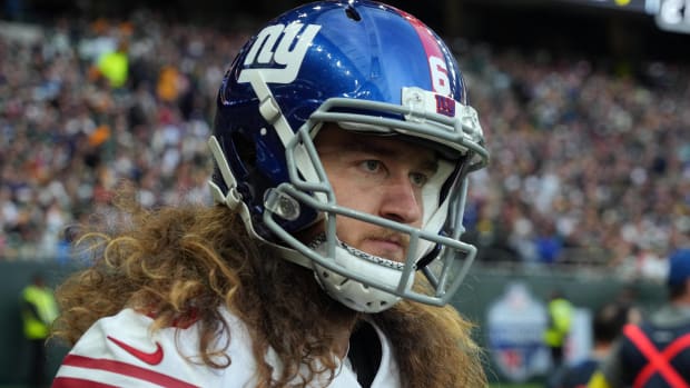 Giants punter Jamie Gillan looks ahead with his helmet on in a game vs. the Packers in London