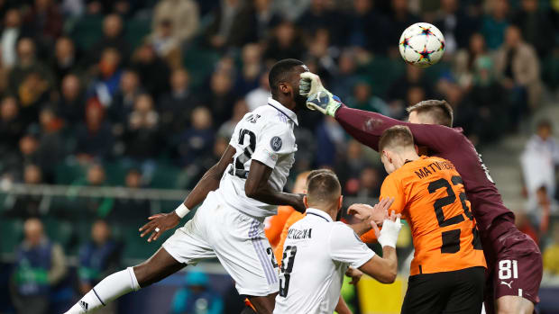 Antonio Rudiger pictured (left) after heading the ball to score for Real Madrid against Shakhtar Donetsk in October 2022