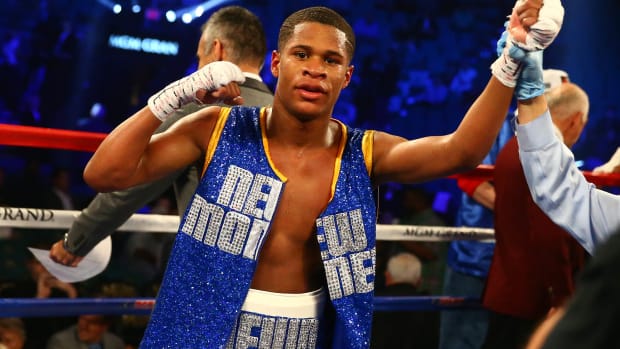 Devin Haney reacts after he is declared the winner against Rafael Vazquez at MGM Grand Garden Arena.