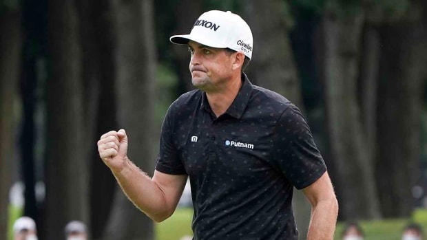 Keegan Bradley pumps his fist during the final round of a victory at the 2022 Zozo Championship.