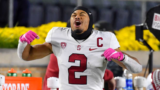 South Bend, Indiana, USA; Stanford Cardinal safety Jonathan McGill (2) celebrates in the closing seconds of the 16-14 win over the Notre Dame Fighting Irish at Notre Dame Stadium.