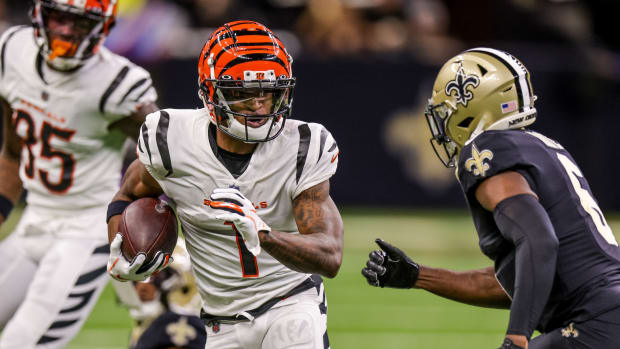 Oct 16, 2022; New Orleans, Louisiana, USA; Cincinnati Bengals wide receiver Ja'Marr Chase (1) rushes against New Orleans Saints safety Marcus Maye (6) during the first half at Caesars Superdome. Mandatory Credit: Stephen Lew-USA TODAY Sports