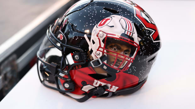 A hand painted helmet worn by the Utah Utes against the USC Trojans at Rice-Eccles Stadium.