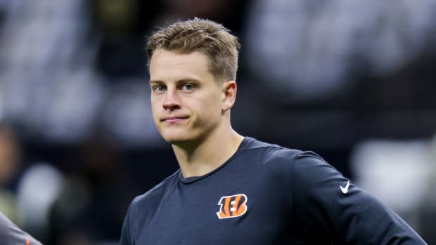 Oct 16, 2022; New Orleans, Louisiana, USA; Cincinnati Bengals quarterback Joe Burrow (9) looks on during warm up before the game against the New Orleans Saints at Caesars Superdome. Mandatory Credit: Stephen Lew-USA TODAY Sports