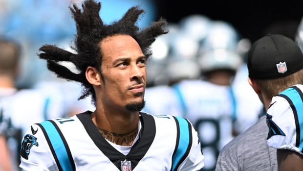 Panthers wide receiver Robbie Anderson looks on without a helmet during a game vs. the Saints.
