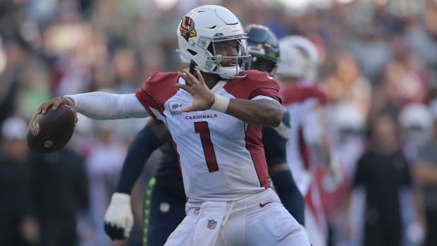 Arizona Cardinals quarterback Kyler Murray (1) passes against the Seattle Seahawks during the second half of an NFL football game in Seattle, Sunday, Oct. 16, 2022.