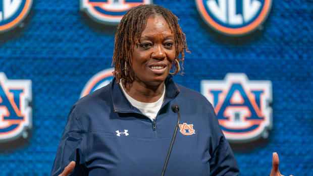 Auburn head women's basketball coach Johnnie Harris at SEC Media Days 2022.