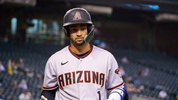 Oct 15, 2022; Phoenix, AZ, USA; Salt River Rafters infielder Jordan Lawlar (1) walks away from home plate after striking out against the Surprise Saguaros at Chase Field. Mlb Dbacks Fall League Prospects