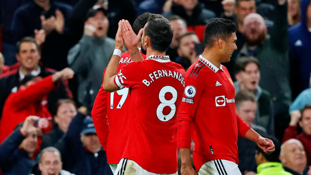 Manchester United no.8 Bruno Fernandes pictured celebrating after scoring against Tottenham in October 2022