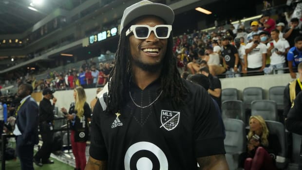 Former NFL running back Todd Gurley on the sidelines of the 2021 MLS All-Star Game in Los Angeles.