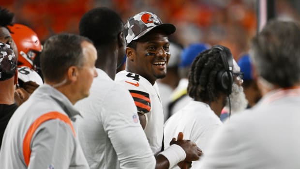 Aug 27, 2022; Cleveland, Ohio, USA; Cleveland Browns quarterback Deshaun Watson (4) watches from the sideline during the first half against the Chicago Bears at FirstEnergy Stadium. Mandatory Credit: Ken Blaze-USA TODAY Sports