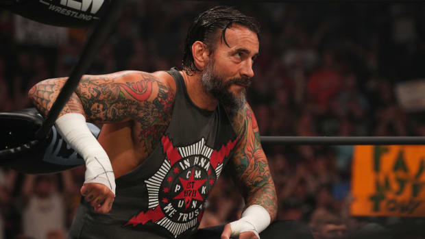CM Punk crouches in the corner of the ring before a match