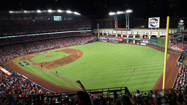 Minute Maid Park with the roof open during the fifth inning in Game 2 of the ALCS between the Astros and Yankees.