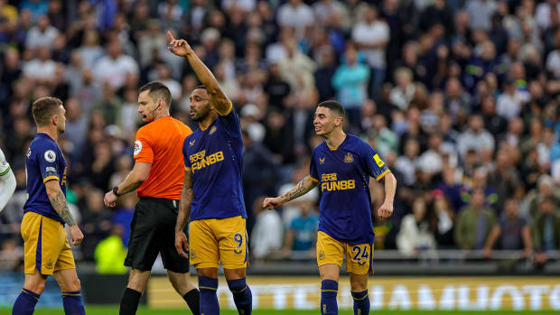 Scorers Callum Wilson (center) and Miguel Almiron (right) pictured during Newcastle's 2-1 win at Tottenham in October 2022