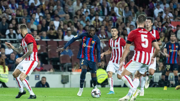 Ousmane Dembele pictured (center) in action for Barcelona against Athletic Bilbao in October 2022