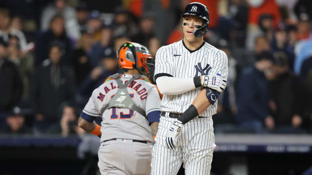 Oct 23, 2022; Bronx, New York, USA; New York Yankees center fielder Aaron Judge (99) reacts after strike out in the sixth inning during game four of the ALCS for the 2022 MLB Playoffs at Yankee Stadium.