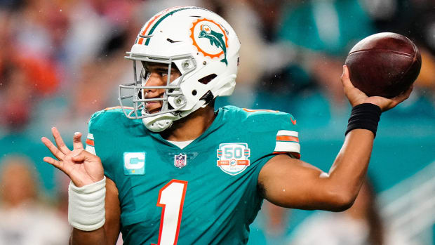 Oct 23, 2022; Miami Gardens, Florida, USA; Miami Dolphins quarterback Tua Tagovailoa (1) throws a pass against the Pittsburgh Steelers during the second half at Hard Rock Stadium.