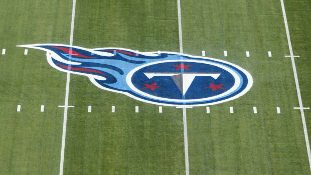 Tennessee Titans logo at mid-field at Nissan Stadium.