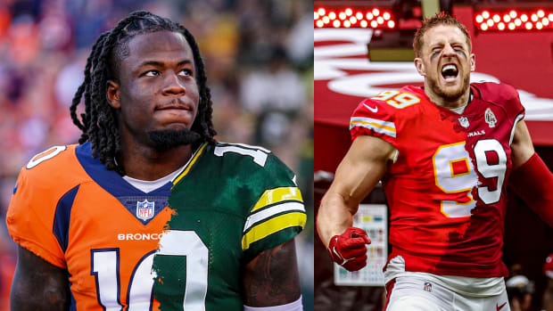 Illustrations of Jerry Jeudy wearing a jersey that is split between Broncos and Packers colors, and J.J. Watt wearing a jersey that is split between Cardinals and Chiefs colors.