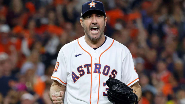 Oct 19, 2022; Houston, Texas, USA; Houston Astros starting pitcher Justin Verlander (35) reacts after striking out Houston Astros second baseman Jose Altuve (not pictured) to end the sixth inning in game one of the ALCS for the 2022 MLB Playoffs at Minute Maid Park.