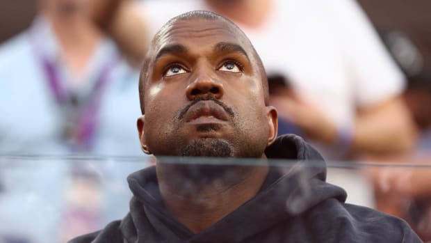 Recording artist Kanye West in attendance during the second quarter in Super Bowl LVI between the Los Angeles Rams and the Cincinnati Bengals at SoFi Stadium.