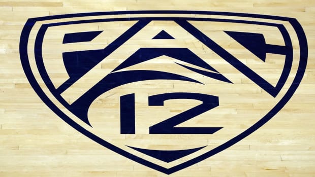 Berkeley, California, USA; A view of the Pac-12 logo on the court as seen before the game between the California Golden Bears and the Seattle Redhawks at Haas Pavilion.