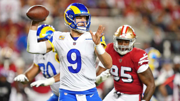 Oct 3, 2022; Santa Clara, California, USA; Los Angeles Rams quarterback Matthew Stafford (9) passes the ball against the San Francisco 49ers during the fourth quarter at Levi’s Stadium.