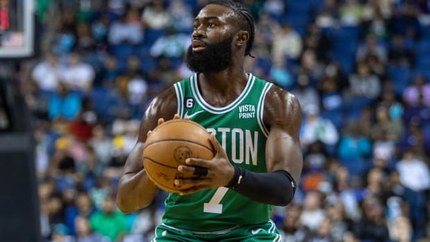 Oct 7, 2022; Greensboro, North Carolina, USA; Boston Celtics guard Jaylen Brown looks to shoot against the Charlotte Hornets in the first half at Greensboro Coliseum Complex. Mandatory Credit: Nell Redmond-USA TODAY Sports