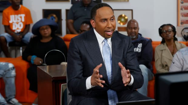 Stephen A. Smith during a ‘First Take’ taping at WGPR-TV broadcast museum in Detroit.