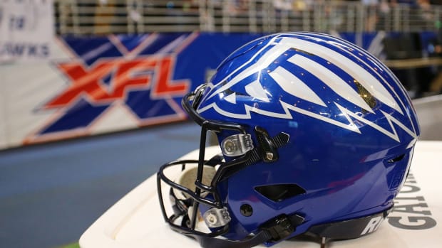 A detailed view of a St. Louis Battlehawks helmet during the second half of an XFL game between the St. Louis Battlehawks and the NY Guardians at The Dome at America’s Center.
