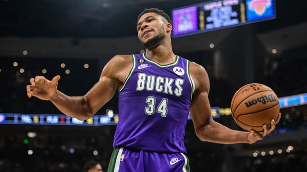 Bucks’ Giannis Antetokounmpo reacts to call from the refs.