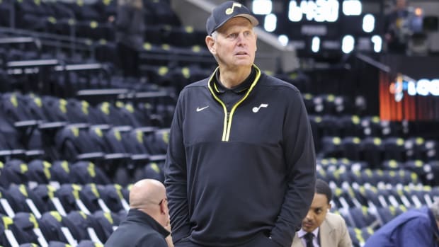 Utah Jazz CEO Danny Ainge looks on during warms ups before the game against the Houston Rockets at Vivint Arena.