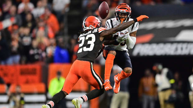 Oct 31, 2022; Cleveland, Ohio, USA; Cleveland Browns cornerback Martin Emerson Jr. (23) breaks up a pass intended for Cincinnati Bengals wide receiver Tyler Boyd (83) in the fourth quarter at FirstEnergy Stadium. Mandatory Credit: David Dermer-USA TODAY Sports