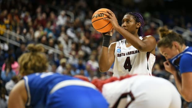 Mar 27, 2022; Greensboro, NC, USA; South Carolina Gamecocks forward Aliyah Boston (4) shoots a free-throw against the Creighton Bluejays in the third quarter in the Greensboro regional finals of the women's college basketball NCAA Tournament at Greensboro Coliseum. Mandatory Credit: William Howard-USA TODAY Sports