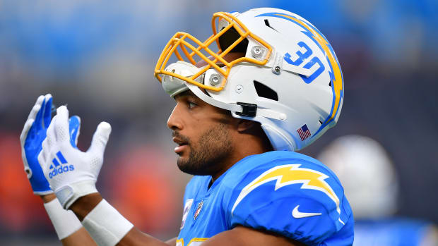 Oct 17, 2022; Inglewood, California, USA; Los Angeles Chargers running back Austin Ekeler (30) before playing against the Denver Broncos at SoFi Stadium. Mandatory Credit: Gary A. Vasquez-USA TODAY Sports