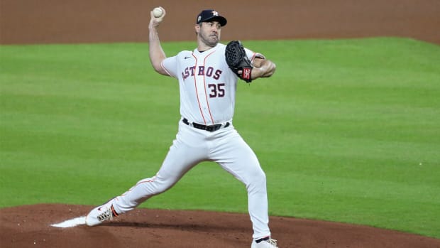Oct 28, 2022; Houston, Texas, USA; Houston Astros starting pitcher Justin Verlander (35) throws a pitch against the Philadelphia Phillies during the first inning in game one of the 2022 World Series at Minute Maid Park.