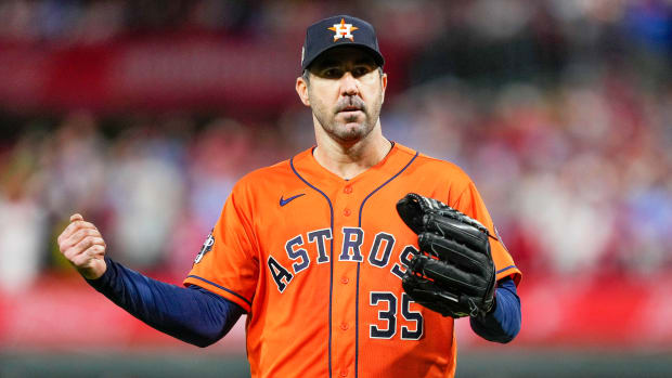 Astros ace Justin Verlander celebrates the last out in the fifth inning in Game 5 of the 2022 World Series.
