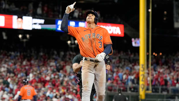 Astros shortstop Jeremy Peña celebrates after hitting a home run in Game 5 of the 2022 World Series.