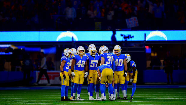 Oct 17, 2022; Inglewood, California, USA; Los Angeles Chargers special teams unit during the second half at SoFi Stadium. Mandatory Credit: Gary A. Vasquez-USA TODAY Sports