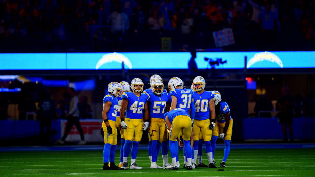Oct 17, 2022; Inglewood, California, USA; Los Angeles Chargers special teams unit during the second half at SoFi Stadium. Mandatory Credit: Gary A. Vasquez-USA TODAY Sports