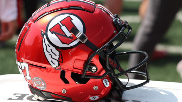 A general view of the football helmet worn by the Utah Utes against the Southern Utah Thunderbirds at Rice-Eccles Stadium.