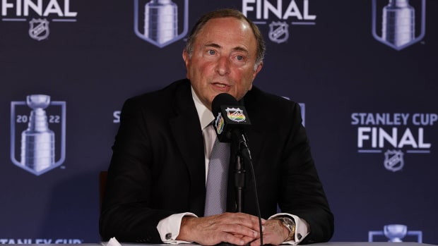NHL commisioner Gary Bettman speaks with the media prior to the 2022 Stanley Cup Final.