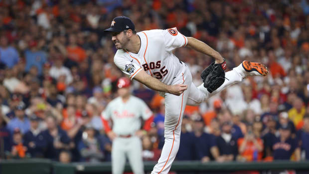 Houston Astros pitcher Justin Verlander throws a pitch against the Philadelphia Phillies in Game 1 of the 2022 World Series
